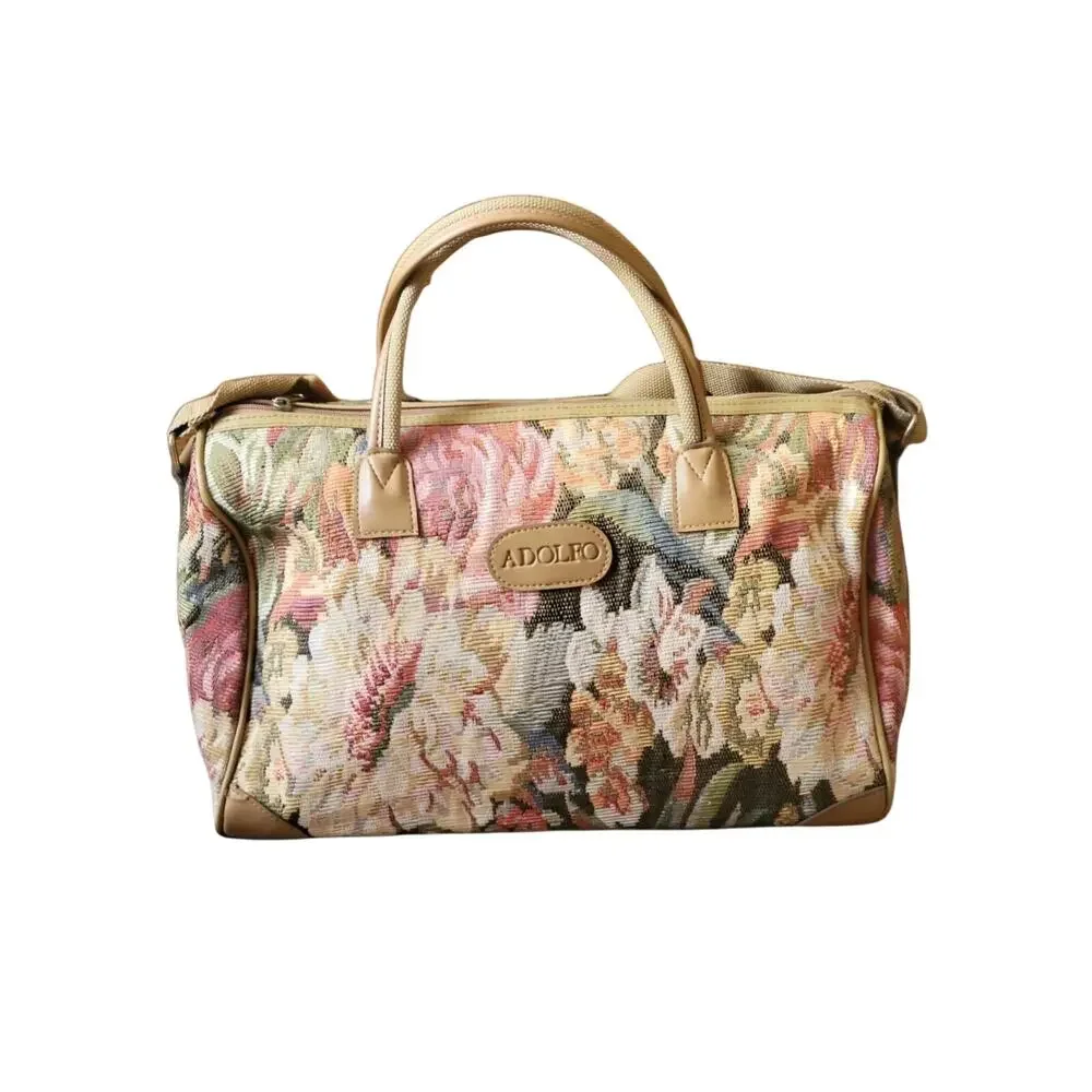 Adolfo VTG Floral Tapestry Travel Bag Duffel Tote Carry On With Makeup Small Bag